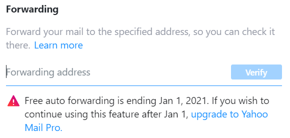 Notification about disabling forwarding in the Yahoo mailbox settings