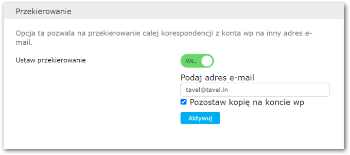Включенная опция форвардинга в аккаунте WP.pl