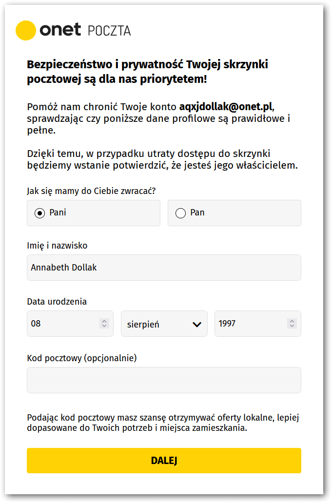 Форма Help us to keep your account safe при входе в аккаунт Onet.pl