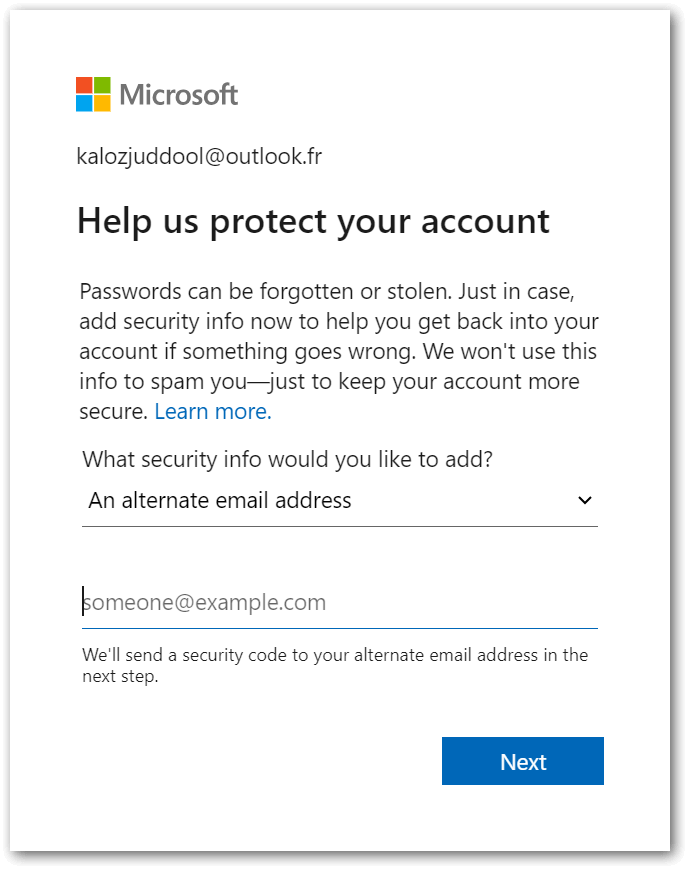 Form for adding a recovery email to an Outlook account to unlock it