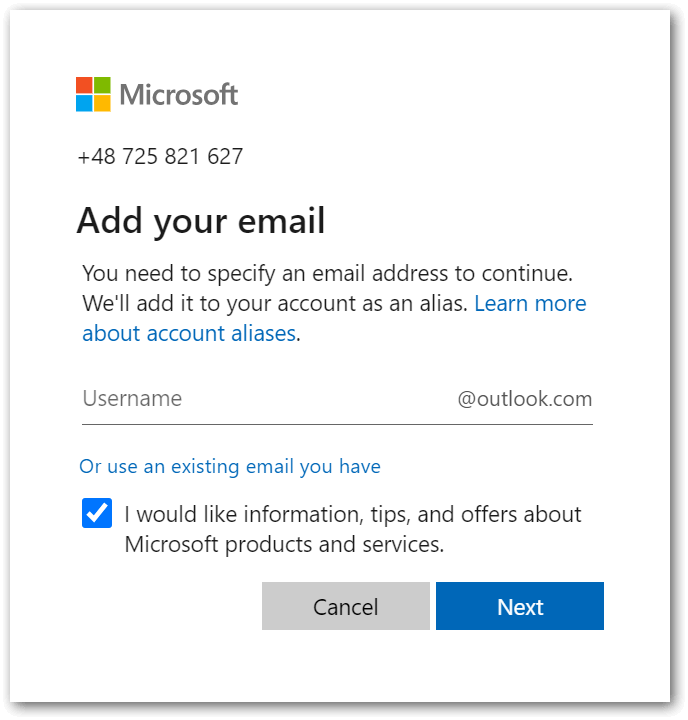 Форма "Add your email" при логине в аккаунт Outlook по номеру телефона