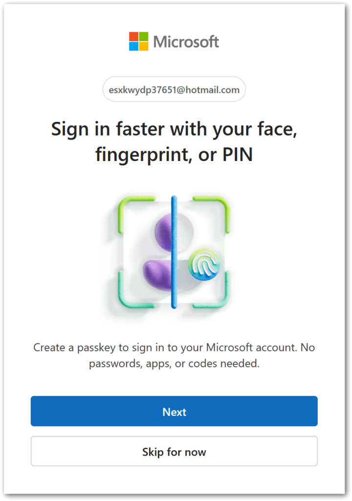 Форма предложения создать passkey для аккаунта Outlook Форма предложения создать passkey для аккаунта Outlook