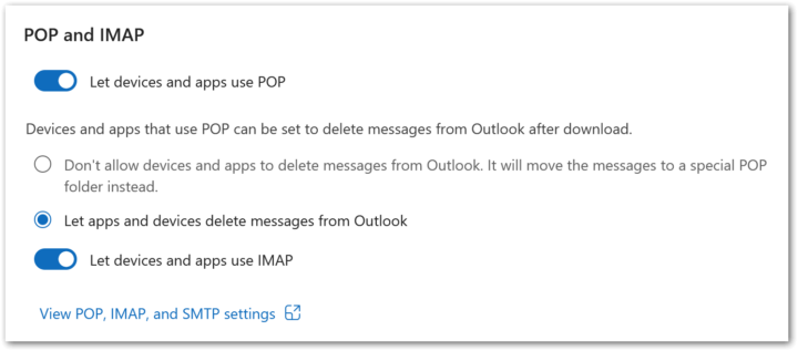 A screenshot of the POP/IMAP settings in an Outlook account A screenshot of the POP/IMAP settings in an Outlook account