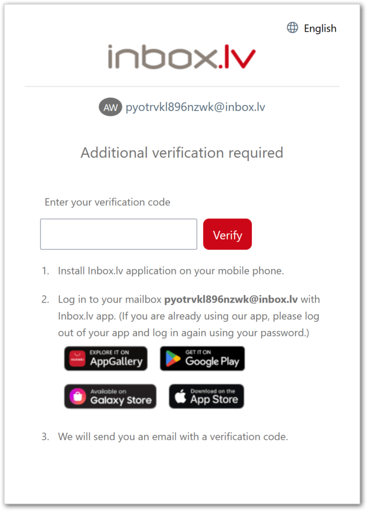 Форма верификации аккаунта inbox.lv через мобильное приложение