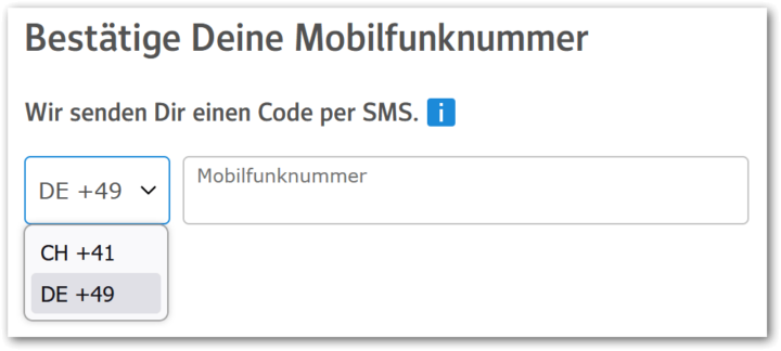 Список разрешённых стран телефонных номеров на форме регистрации аккаунта Web.de