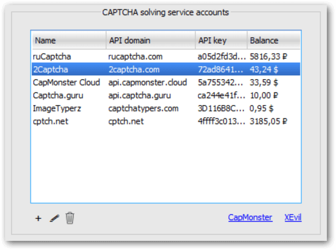 List of CAPTCHA services accounts in MailBot
