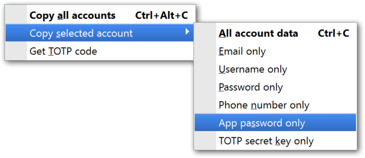 Context menu in the accounts list in MailBot