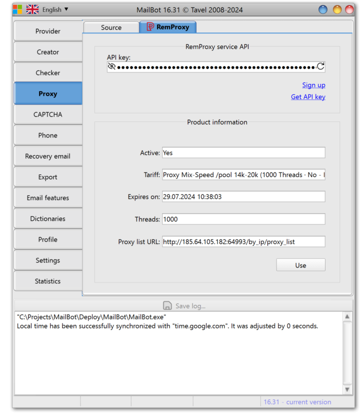 Branded tab of the RemProxy proxy provider in MailBot