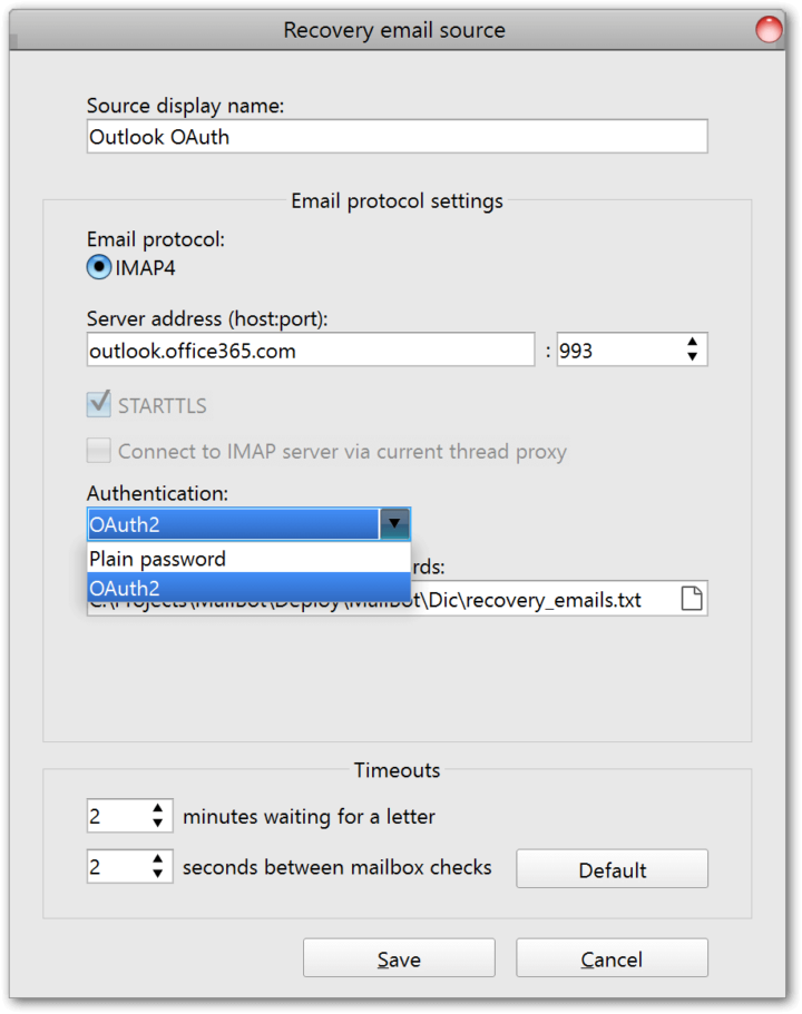 New authentication method setting for IMAP in MailBot