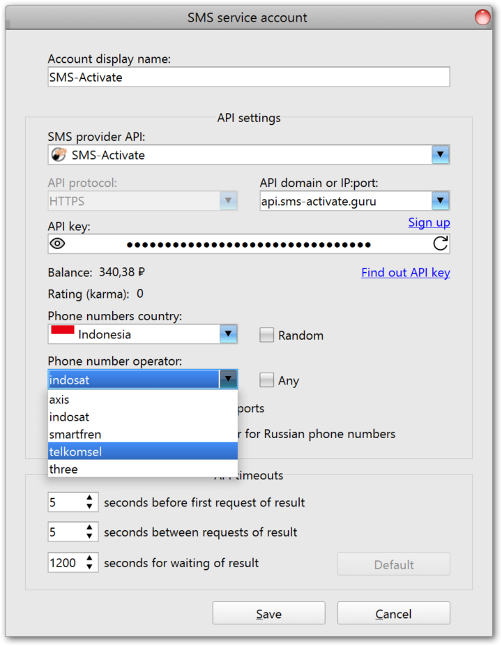 MailBot's phone operator selection interface