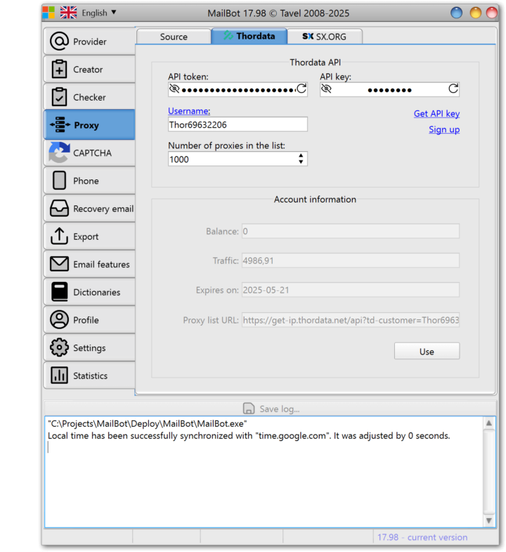 Branded tab of Thordata proxy provider in MailBot Branded tab of Thordata proxy provider in MailBot