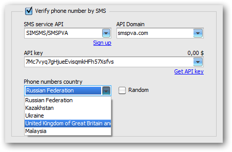 Phone number country selection for selected SMS-activation service