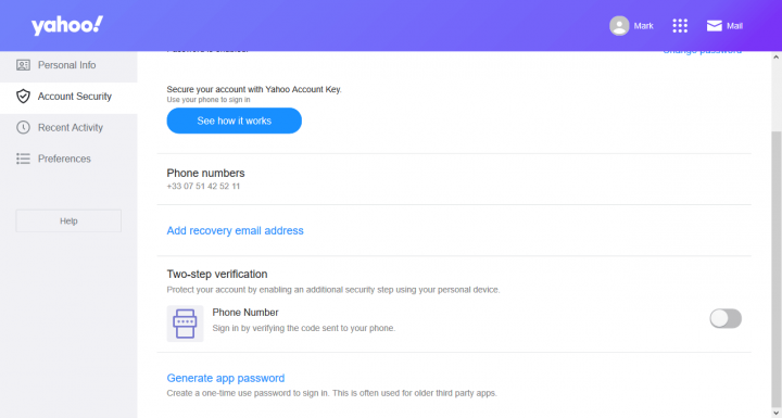 New setting Generate app password in Yahoo account