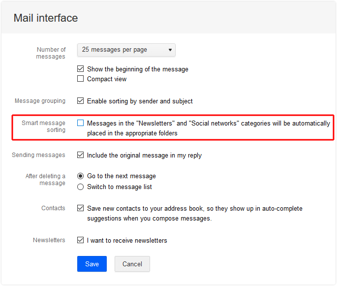 Setting for disabling smart message sorting in Mail.ru account