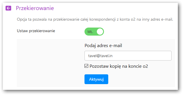 Включенная опция форвардинга в аккаунте O2.pl