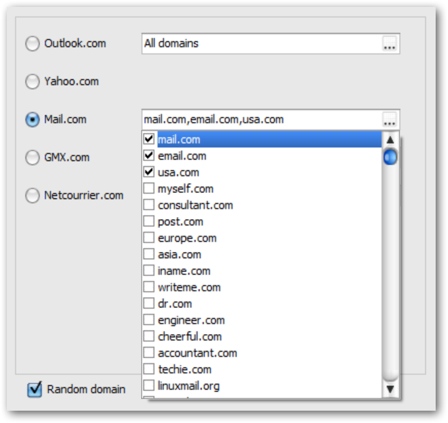 Separate domain selection for the Random domain setting