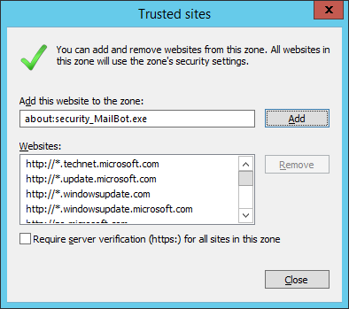 Диалог Trusted sites в Windows Server 2012