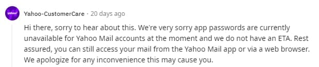 Yahoo customer care response about an error in the process of creating a password for LSA