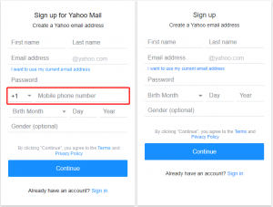 Comparison of two variants of Yahoo signup form