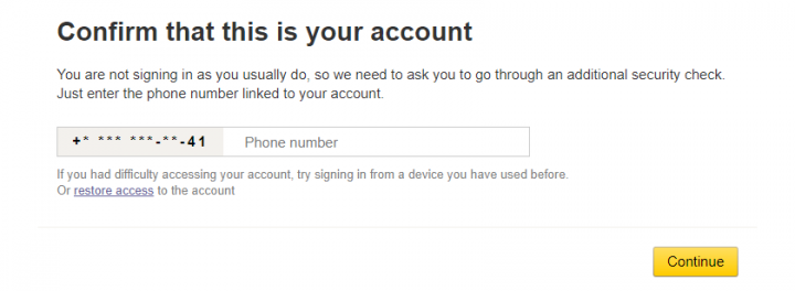 Phone number request during logging into Yandex account